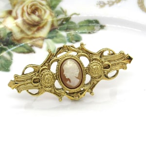 Vintage Cameo Brooch Pendant Victorian Style Elaborate Goldtone Metal