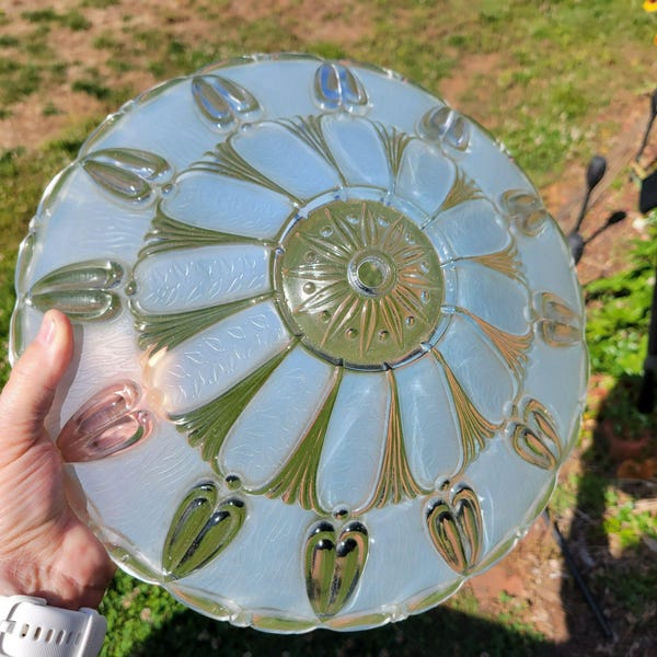 Vintage Blue Frosted Glass Ceiling Light Shade With Art Deco Textured Floral Design 12"