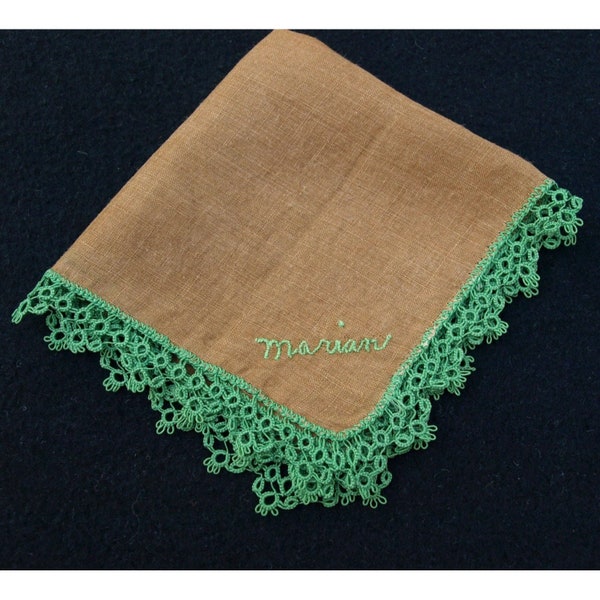 Women's Handkerchief Personalized MARIAN Linen Green Crochet & Embroidery Trim 8 x 8 inches Vintage