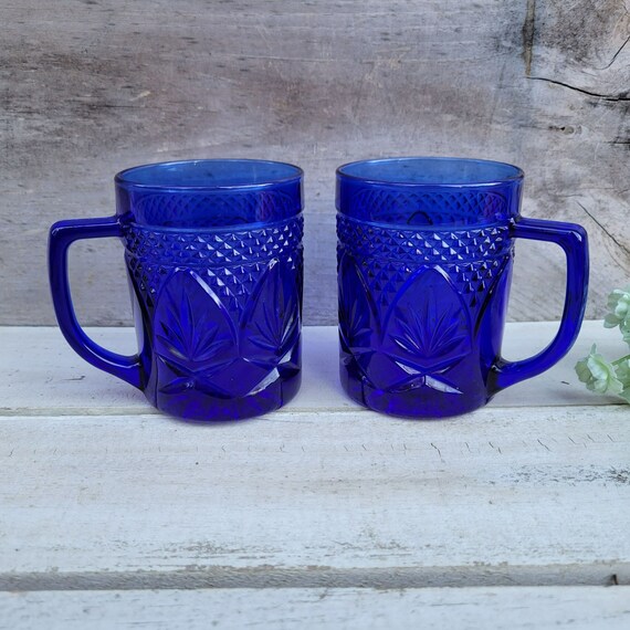 Vintage Cobalt Blue Glass Mugs Two Luminarc Cristal Etsy