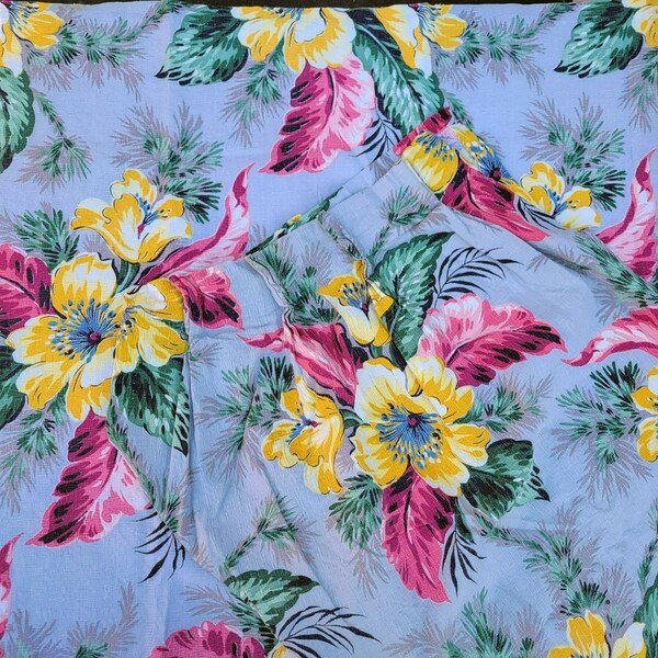 1950s Floral Barkcloth Yellow Pink Gray Tropical Two Panels Damaged For Repurpose