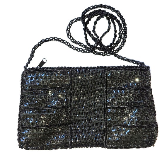Vintage Walborg Beaded Purse Black Beads & Sequin… - image 2