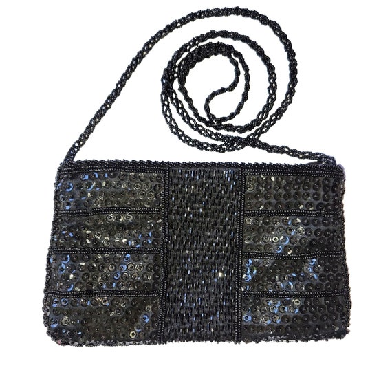 Vintage Walborg Beaded Purse Black Beads & Sequin… - image 1