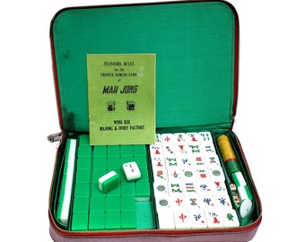 Vintage Mah Jong Game Compete 148 Green White Tiles Wing Kee Mah Jong and Ivory Factory Chinese Dominoes original instructions zippered case