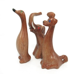 60s Faux Wood Animal Figurines With Jewel Eyes Elephant Poodle Penguin