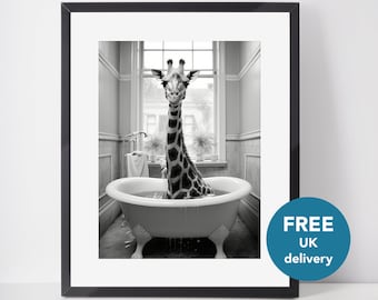 Giraffe in a bath | funny bathroom prints | housewarming gift | wall art | washroom print | bathroom home decor | ideal gift