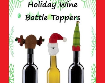 Christmas Wine Bottle Topper Pattern – Santa Hat, Elf Hat & Reindeer PDF – No‑Sew Holiday Bottle Gift Craft