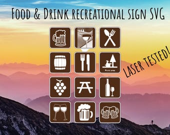 Recreation Symbols brown white SVG bundle, NPS campground food drink wine SVG, Hiking Camping Signs svg, national park sign svg