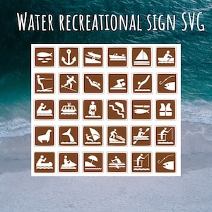 Paquete SVG marrón y blanco de símbolos de navegación y recreación acuática, svg de caminata del NPS, svg de señales de campamento y senderismo, svg de señal de parque nacional, svg de recreación al aire libre