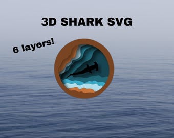 3D shark SVG, shark wood SVG, shark ocean SVG, 3D layered shark and ocean svg