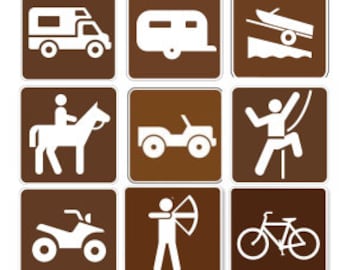 Recreation Symbols brown white SVG bundle, NPS hike SVG, Hiking Camping Signs svg, national park sign svg, recreation outdoor icons