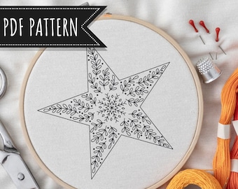 TEMPLATE Festive Star Christmas Embroidery pattern - Floral line art festive, xmas, Design, pdf, hand needlework, digital pattern only.