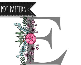 TEMPLATE Embroidery monogram initial ‘E’, Floral Pattern Template, Embroidery Design, pdf, hand embroidery, digital pattern only.
