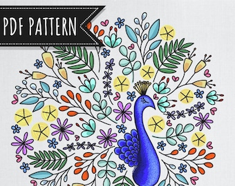 TEMPLATE Embroidery Floral Peacock Pattern Template, Embroidery Design, pdf, hand embroidery, pattern only.