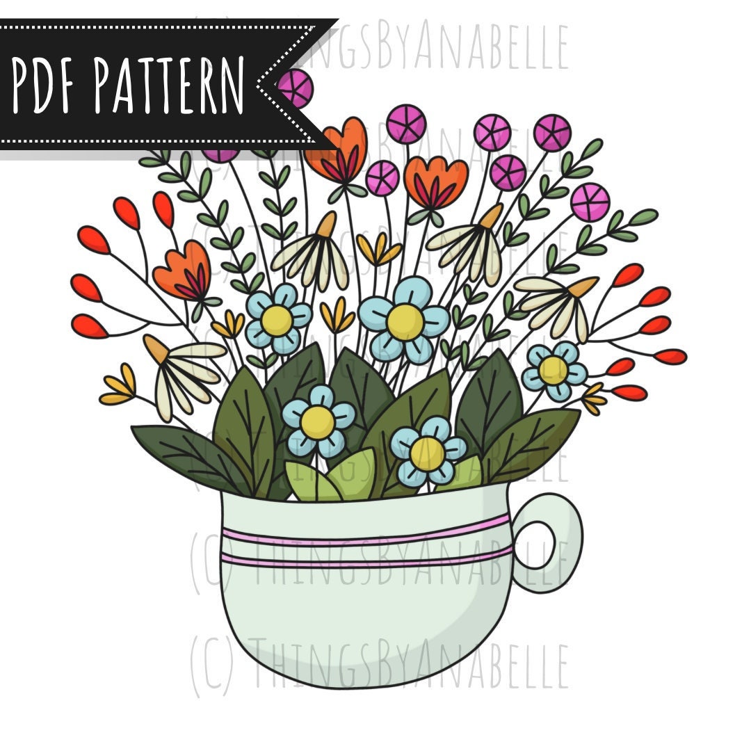 TEMPLATE  "Cup of Flowers" Embroidery Pattern Download, Design, pdf, hand needlework, digital pattern only.