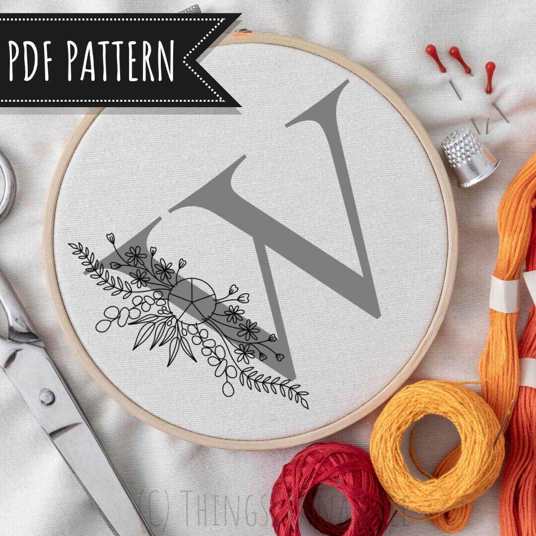 TEMPLATE Embroidery Monogram Initial ‘W’, Floral Pattern Template ...