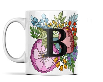 Blumen Monogramm / Initiale / Buchstabe B Tasse mit floraler Einfassung - originelles Design von thingsbyanabelle