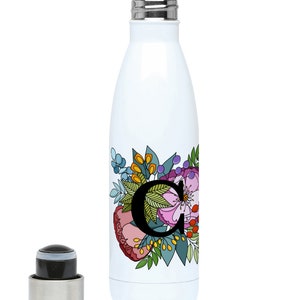 Garrafa de água 500ml Monograma floral / inicial / letra C com borda floral - design original de thingsbyanabelle