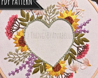 TEMPLATE Floral Heart silhouette Embroidery pattern - Floral line art, Design, pdf, hand needlework, digital pattern only, instant download.