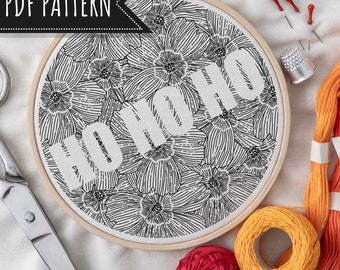 TEMPLATE Christmas Embroidery pattern, ‘Ho Ho Ho’ - Floral line art festive, xmas, Design, pdf, hand needlework, digital pattern only.