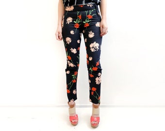 Black Floral Print Pants, Unique Black Pants, Skinny Black Trousers, Womens Trousers, Unique Pants, High Waist Pants, Womens Pants