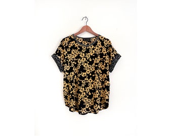 Marigold and Black Viscose Blouse, Floral Print Batwing Short Sleeve Shirt