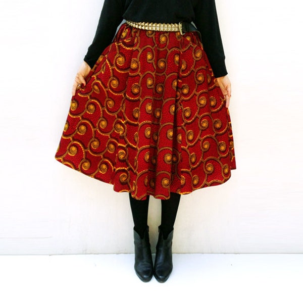 SALE! Red African Print Skirt, High Waist Full Flared Midi Skirt, African Clothing