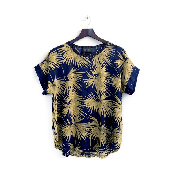 Dark Blue and Yellow Palm Tree Print Blouse, Bohemian Tropical Print Summer Top