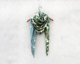 Leafy Green and Turquoise Two-in-one Triangle Scarf