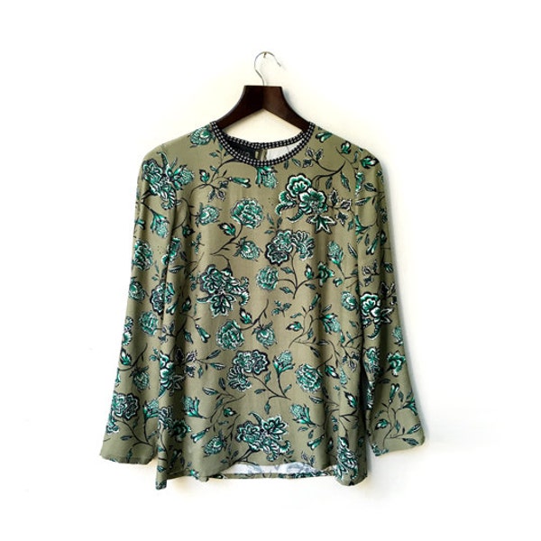 Last size/ M, Bohemian Top, Womens Blouse, Autumn Fashion, Loose Floral Blouse, Unique Clothing, Olive Green Shirt, Autumn Shirt, Boho Chic