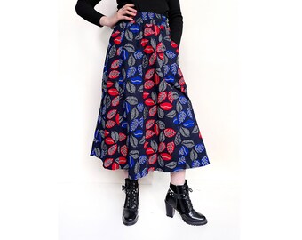 Navy Blue Cotton Midi Skirt with African Leaves Print and Pockets