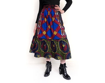 African Print Patchwork Midi Skirt. Colorful Cotton Skirt with Pockets. One of a Kind Size XS