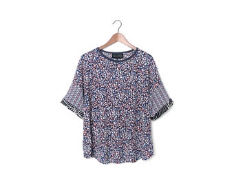 Blue Mixed Print Blouse with Elbow Length Sleeves / Last size M