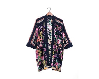 Black Floral Summer Kimono with Pockets