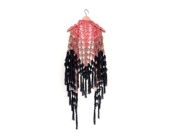 Vintage Rose and Charcoal Handmade Crochet Fringe Scarf