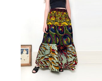Long Maxi African Print Skirt with Gathered Tiers and Pockets / Last size M