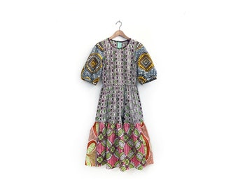 XS Puff Sleeve African Print Cotton Dress with Elastic Waist and Pockets. One-of-a-Kind