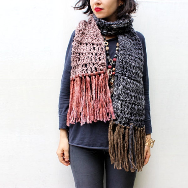 Pastel Scarf, Chunky Scarf, Wool Scarf, Long Wool Scarf, Unique Accessories, Gift for Her, Unique Scarves, Color Block Scarf, Fringe Scarf