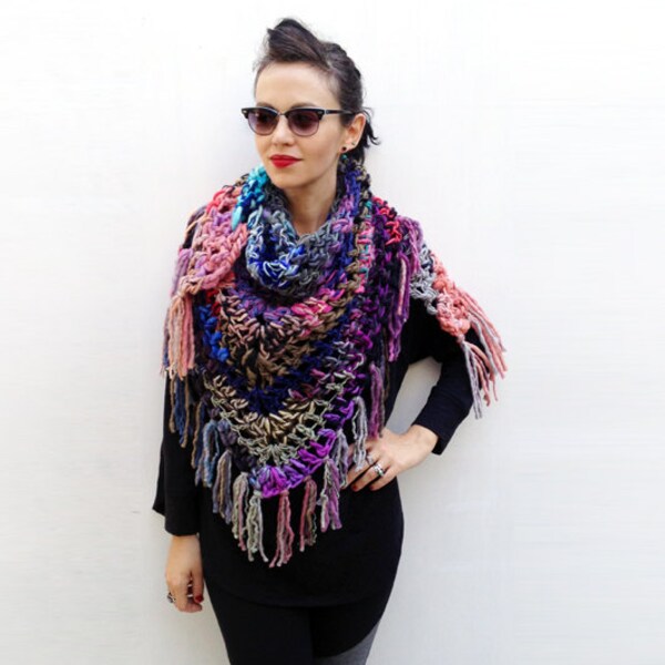 Gift Idea, Blanket Scarf, Triangle Multicolor Scarf, Soft Chunky Wool Scarf, Crochet Fringe Shawl, Winter Accessories, OOAK