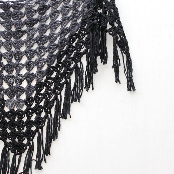 Black and Grey Chunky Wool Crochet Triangle Scarf with Fringe