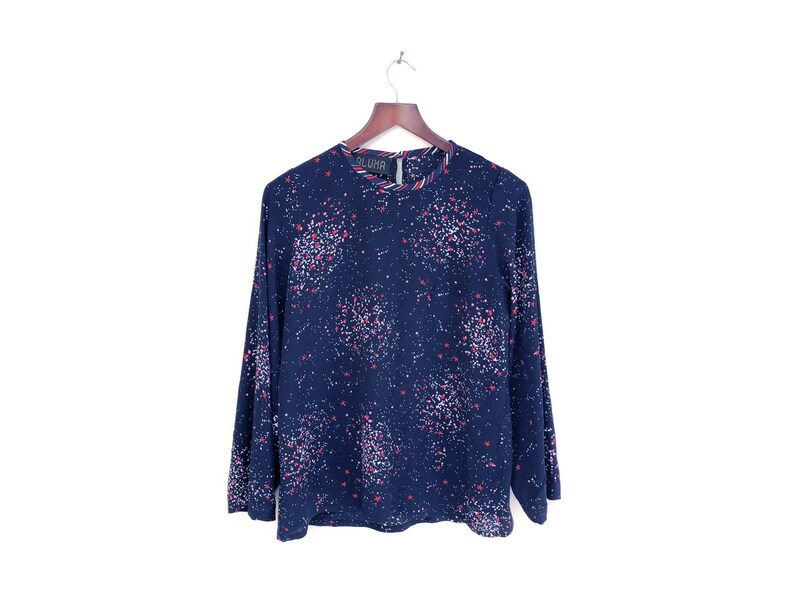 Soft Spring Tops Navy Star Print Blouse Midnight Blue Galaxy Print Shirt