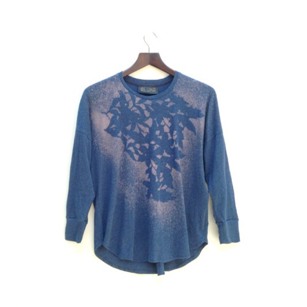 One of a Kind Blue Top, Abstract Print, Printed Tee, Long Sleeve T-shirt, Women's Tops, Hand Printed Top