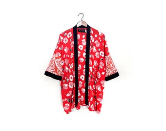 Red Floral Summer Kimono with Pockets / XS-M