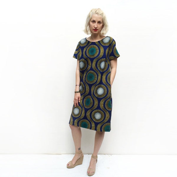 Size: Loose Fit S, African Print Dress, Blue Summer Dress, Midi Dress, Unique Clothing, Dress with Pockets, African Clothing, Summer Fashion