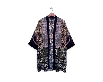 Tiger Print, Floral and African Print Kimono with Pockets. One of a Kind Midi Summer Kimono Size L-XL