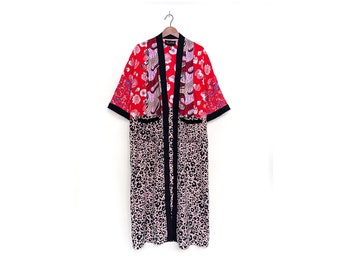 S/M Red and Pink Animal Print Maxi Kimono with Floral and African Cotton. One of a Kind Duster