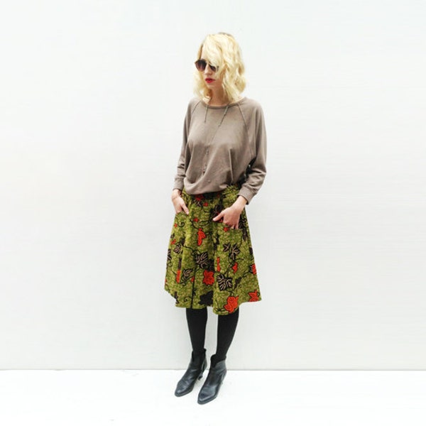 RESERVED FOR MARTINE / Leaf Print Skirt, Knee Length African Skirt, Green Skirt, Pocket Skirt, Pleated Skirt