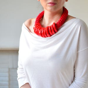 Chunky Red Statement Necklace: Polymer Clay & Upcycled Yarn
