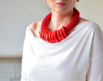 Red statement necklace, red rope necklace, collar necklace, big bold necklace, red necklace, red gift, Valentine's gift, red choker