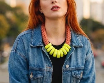Modern statement necklace in neon yellow and camel